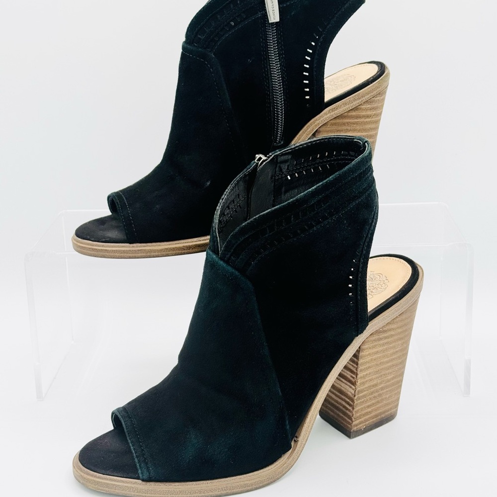 Vince Camuto Black Suede, Chunky Heeled Boots with Open Toe